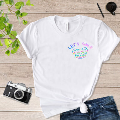 Reflective Teddy Bear Graphic With Let's Smile Quote Teddy Bear T-shirt